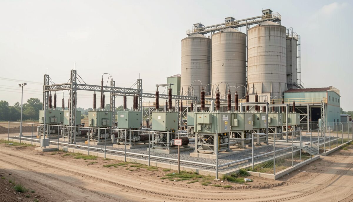Electric motor room of a cement grinding plant with large motors and cable trays feeding the mills